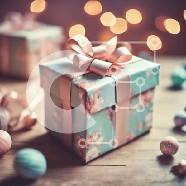 Intra Συλλεκτικό Ξύλινο Παζλ Plywood  4mm - Γιορτινό μπλε και ροζ κουτί δώρου με χριστουγεννιάτικα στολίδια Σε Ξύλινο Κουτί - Διαστάσεις: 10x10 cm – 25 κομμάτια