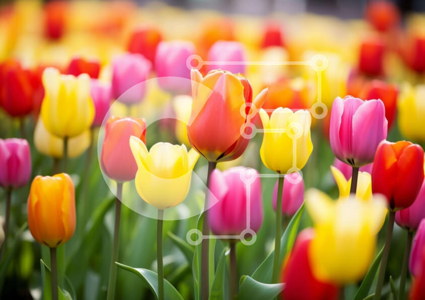 Intra Συλλεκτικό Ξύλινο Παζλ Plywood  4mm - Πολύχρωμο χωράφι τουλίπας με πράσινα φύλλα Σε Ξύλινο Κουτί - Διαστάσεις: 10x10 cm – 25 κομμάτια