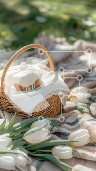 Intra Συλλεκτικό Ξύλινο Παζλ Plywood  4mm - Καλάθι για πικνίκ με λευκές τουλίπες και φρεσκοψημένο κέικ Σε Ξύλινο Κουτί - Διαστάσεις Puzzle: 10x10 cm – 25 κομμάτια