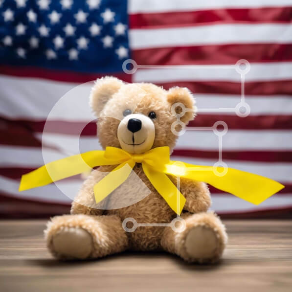 Intra Συλλεκτικό Ξύλινο Παζλ Plywood  4mm - Αρκουδάκι με κίτρινη κορδέλα μπροστά από την αμερικανική σημαία Σε Ξύλινο Κουτί - Διαστάσεις Puzzle: 10x10 cm – 25 κομμάτια