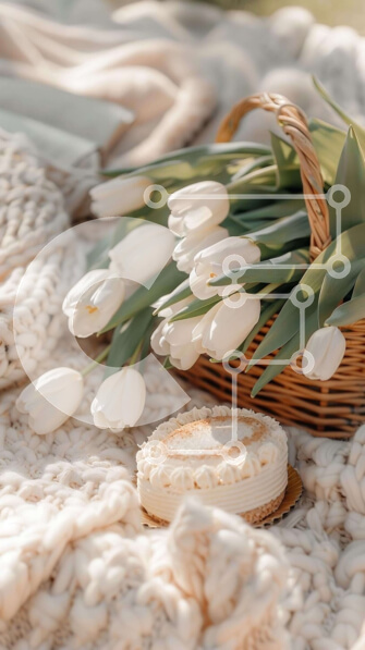 Intra Συλλεκτικό Ξύλινο Παζλ Plywood  4mm - Ανοιξιάτικο καλάθι με λευκές τουλίπες και κέικ Σε Ξύλινο Κουτί - Διαστάσεις Puzzle: 10x10 cm – 25 κομμάτια