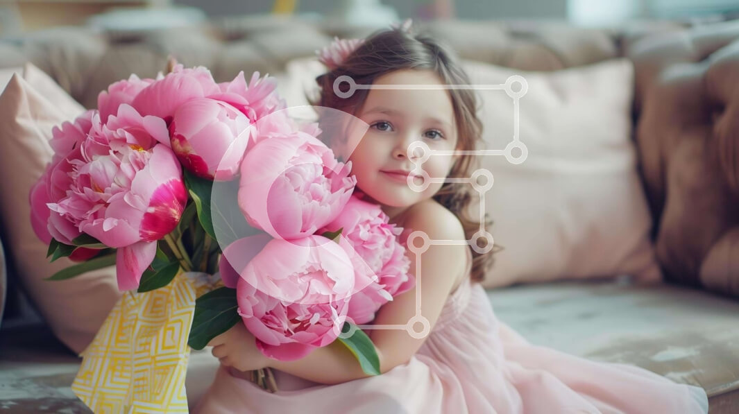 Intra Συλλεκτικό Ξύλινο Παζλ Plywood  4mm - Νεαρό κορίτσι που κρατά ροζ παιώνιες Σε Ξύλινο Κουτί - Διαστάσεις Puzzle: 10x10 cm – 25 κομμάτια