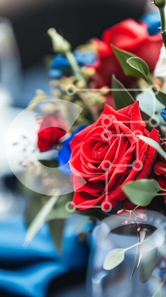 Intra Συλλεκτικό Ξύλινο Παζλ Plywood  4mm - Κόκκινο, λευκό και μπλε μπουκέτο λουλουδιών σε κομψό τραπέζι Σε Ξύλινο Κουτί - Διαστάσεις Puzzle: 10x10 cm – 25 κομμάτια