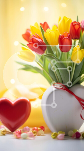 Intra Συλλεκτικό Ξύλινο Παζλ Plywood  4mm - Πολύχρωμες τουλίπες σε λευκό βάζο με καραμέλες σε σχήμα καρδιάς Σε Ξύλινο Κουτί - Διαστάσεις Puzzle: 10x10 cm – 25 κομμάτια