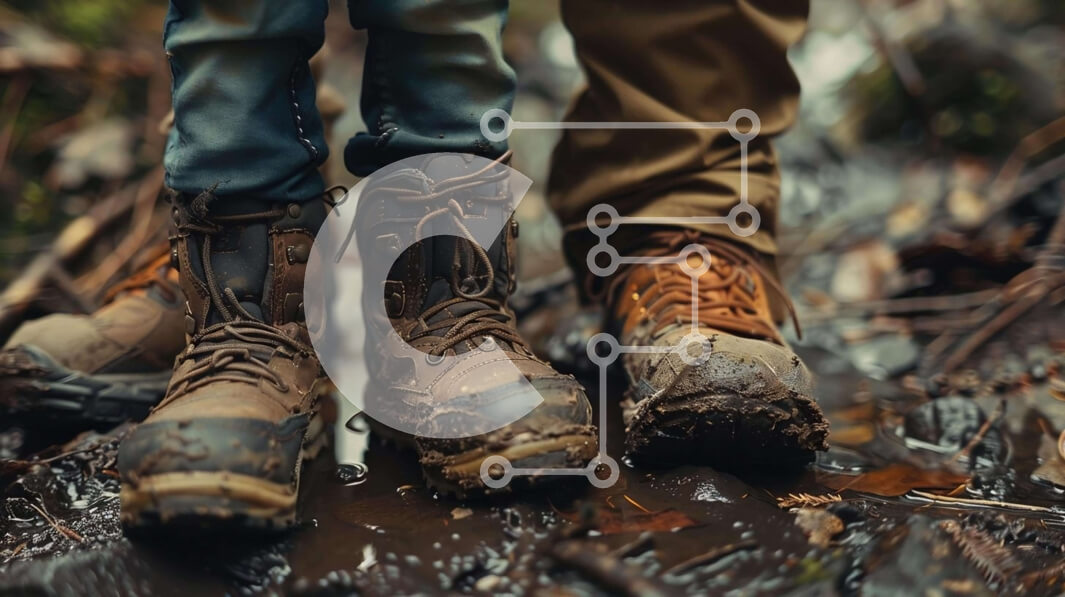 Intra Συλλεκτικό Ξύλινο Παζλ Plywood  4mm - Δύο άτομα με μπότες πεζοπορίας που στέκονται στη λάσπη Σε Ξύλινο Κουτί - Διαστάσεις: 10x10 cm – 25 κομμάτια