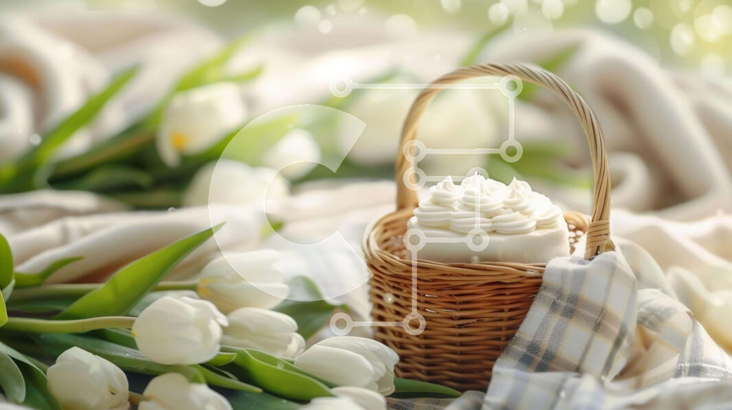 Intra Συλλεκτικό Ξύλινο Παζλ Plywood  4mm - Καλάθι με λευκές τουλίπες και κέικ Σε Ξύλινο Κουτί - Διαστάσεις: 10x10 cm – 25 κομμάτια