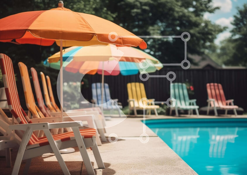 Intra Συλλεκτικό Ξύλινο Παζλ Plywood  4mm - Πολύχρωμες ομπρέλες και καρέκλες γκαζόν δίπλα σε μια πισίνα Σε Ξύλινο Κουτί - Διαστάσεις Puzzle: 10x10 cm – 25 κομμάτια