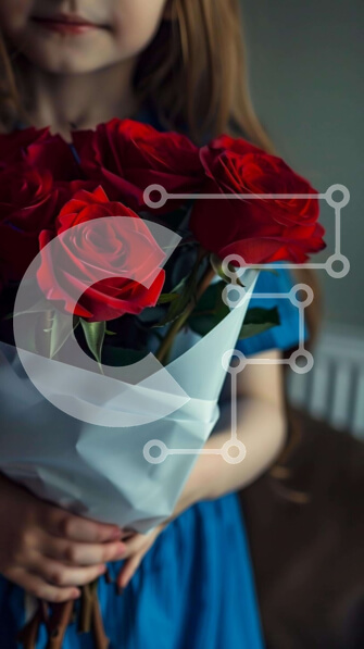 Intra Συλλεκτικό Ξύλινο Παζλ Plywood  4mm - Νεαρό κορίτσι με μπουκέτο κόκκινα τριαντάφυλλα Σε Ξύλινο Κουτί - Διαστάσεις Puzzle: 10x10 cm – 25 κομμάτια