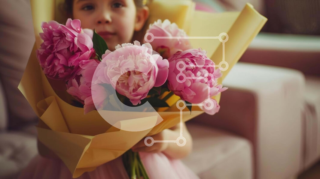 Intra Συλλεκτικό Ξύλινο Παζλ Plywood  4mm - Νεαρό κορίτσι με ροζ λουλούδι μπουκέτο Σε Ξύλινο Κουτί - Διαστάσεις Puzzle: 10x10 cm – 25 κομμάτια