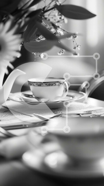 Intra Συλλεκτικό Ξύλινο Παζλ Plywood  4mm - Ασπρόμαυρο Σετ τραπεζιού με φλιτζάνια τσαγιού και λουλούδια Σε Ξύλινο Κουτί - Διαστάσεις Puzzle: 10x10 cm – 25 κομμάτια