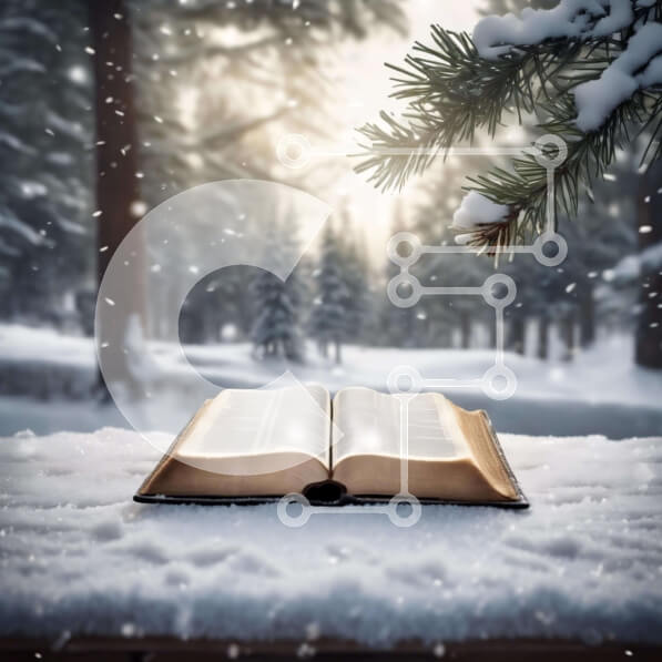 Intra Συλλεκτικό Ξύλινο Παζλ Plywood  4mm - Ανοιχτή Βίβλος σε ξύλινο τραπέζι στο χιονισμένο δάσος Σε Ξύλινο Κουτί - Διαστάσεις Puzzle: 10x10 cm – 25 κομμάτια