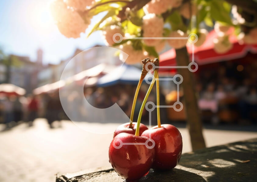 Intra Συλλεκτικό Ξύλινο Παζλ Plywood  4mm - Κεράσια σε έναν ξύλινο πάγκο σε μια εκδήλωση φεστιβάλ Σε Ξύλινο Κουτί - Διαστάσεις: 10x10 cm – 25 κομμάτια