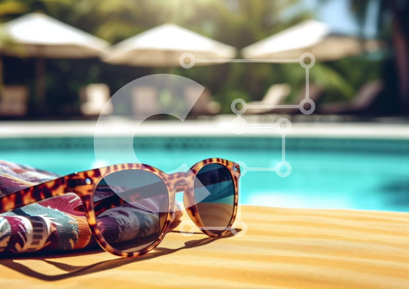 Intra Συλλεκτικό Ξύλινο Παζλ Plywood  4mm - Γυαλιά ηλίου και πετσέτες δίπλα στην πισίνα Σε Ξύλινο Κουτί - Διαστάσεις Puzzle: 10x10 cm – 25 κομμάτια