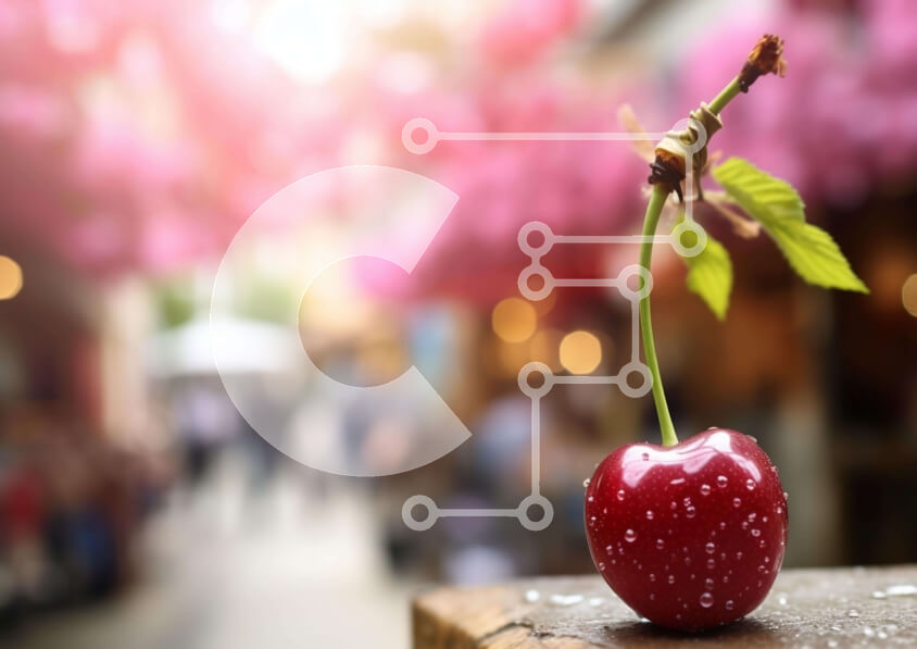 Intra Συλλεκτικό Ξύλινο Παζλ Plywood  4mm - Φρέσκο ​​κεράσι σε ξύλινο τραπέζι με ανθρώπους που περνούν Σε Ξύλινο Κουτί - Διαστάσεις: 10x10 cm – 25 κομμάτια