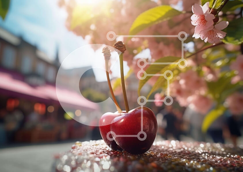 Intra Συλλεκτικό Ξύλινο Παζλ Plywood  4mm - Φρέσκα κεράσια σε γυάλινο τραπέζι με ροζ λουλούδια Σε Ξύλινο Κουτί - Διαστάσεις: 10x10 cm – 25 κομμάτια