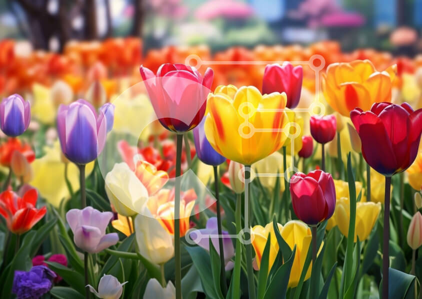 Intra Συλλεκτικό Ξύλινο Παζλ Plywood  4mm - Πολύχρωμο πεδίο με τουλίπες και άλλα λουλούδια Σε Ξύλινο Κουτί - Διαστάσεις: 10x10 cm – 25 κομμάτια