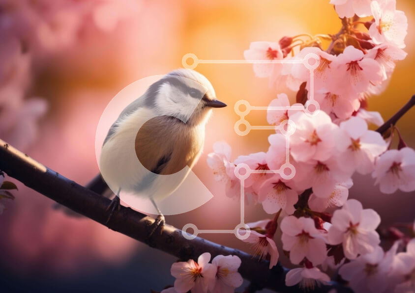 Intra Συλλεκτικό Ξύλινο Παζλ Plywood  4mm - Μικρό πουλί στα ροζ άνθη κερασιάς Σε Ξύλινο Κουτί - Διαστάσεις: 10x10 cm – 25 κομμάτια