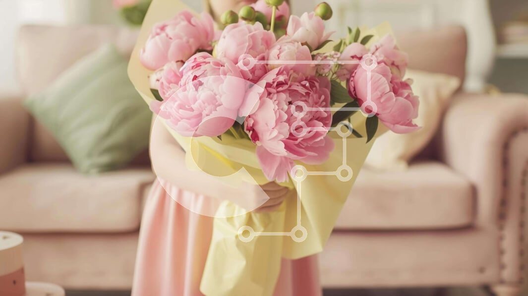 Intra Συλλεκτικό Ξύλινο Παζλ Plywood  4mm - Νεαρό κορίτσι με ροζ παιώνιες Σε Ξύλινο Κουτί - Διαστάσεις Puzzle: 10x10 cm – 25 κομμάτια