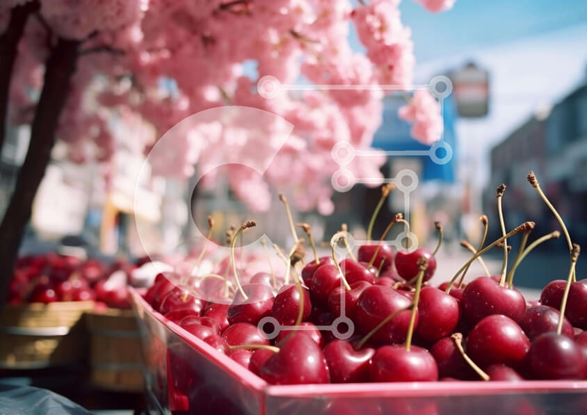 Σετ των 2 Intra Συλλεκτικό Ξύλινο Παζλ Plywood  4mm - Καλάθι με φρέσκα κεράσια στην υπαίθρια αγορά Σε Ξύλινο Κουτί - Διαστάσεις: 10x10 cm – 25 κομμάτια