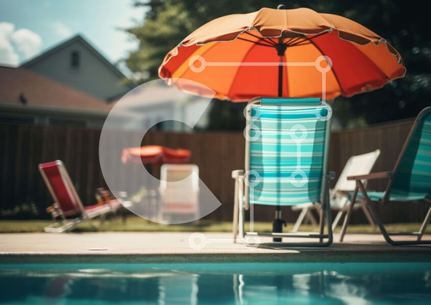 Intra Συλλεκτικό Ξύλινο Παζλ Plywood  4mm - Πολύχρωμες καρέκλες και ομπρέλα γκαζόν δίπλα στην πισίνα Σε Ξύλινο Κουτί - Διαστάσεις Puzzle: 10x10 cm – 25 κομμάτια