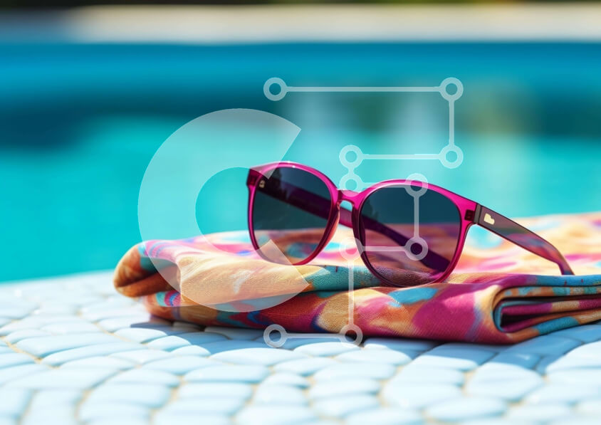 Intra Συλλεκτικό Ξύλινο Παζλ Plywood  4mm - Γυαλιά ηλίου και πορτοκαλί πετσέτα δίπλα στην πισίνα Σε Ξύλινο Κουτί - Διαστάσεις Puzzle: 10x10 cm – 25 κομμάτια