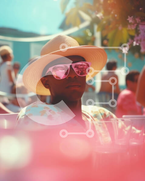 Intra Συλλεκτικό Ξύλινο Παζλ Plywood  4mm - Άνδρας με γυαλιά ηλίου που κάθεται σε υπαίθριο τραπέζι με ανθρώπους Σε Ξύλινο Κουτί - Διαστάσεις Puzzle: 10x10 cm – 25 κομμάτια