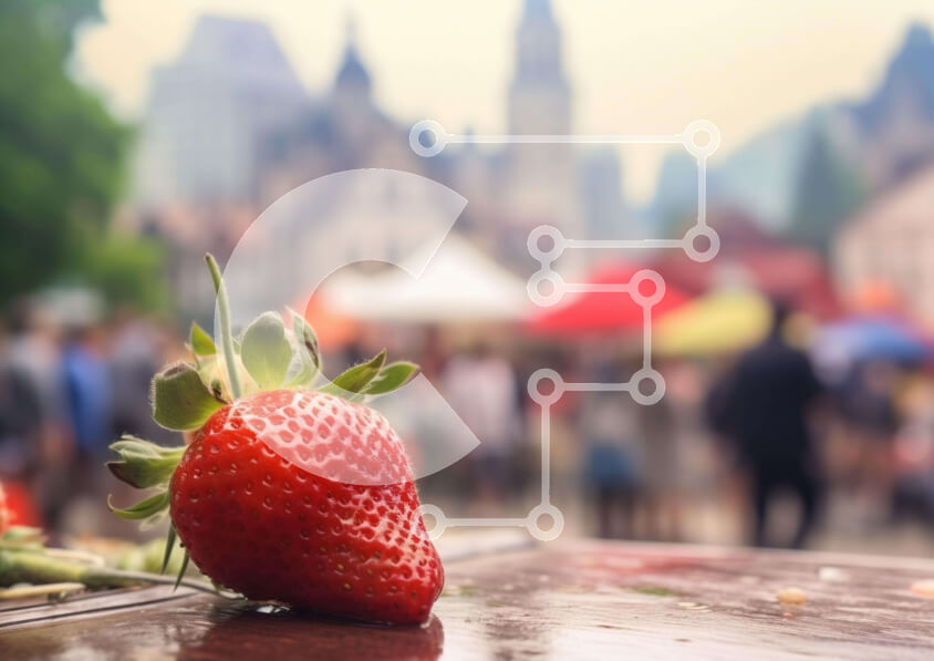 Σετ των 2 Intra Συλλεκτικό Ξύλινο Παζλ Plywood  4mm - Κόκκινη φράουλα στο τραπέζι στην πολυσύχναστη οδό Σε Ξύλινο Κουτί - Διαστάσεις: 10x10 cm – 25 κομμάτια