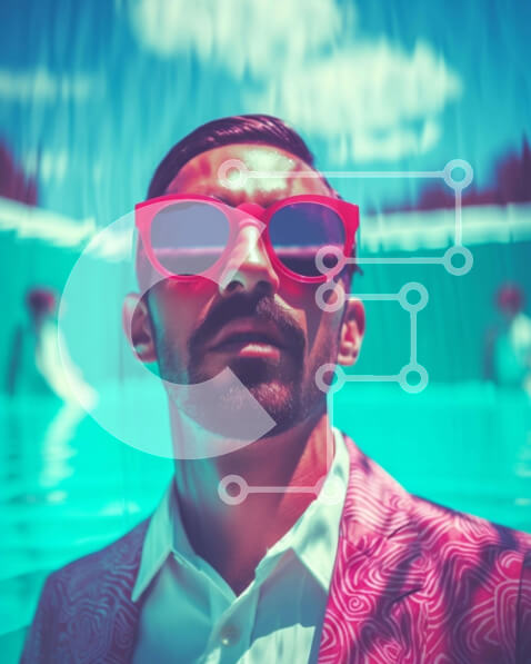 Intra Συλλεκτικό Ξύλινο Παζλ Plywood  4mm - Κομψός άντρας με ροζ γυαλιά ηλίου δίπλα στην πισίνα Σε Ξύλινο Κουτί - Διαστάσεις Puzzle: 10x10 cm – 25 κομμάτια