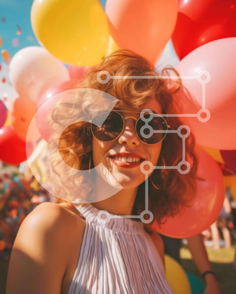 Intra Συλλεκτικό Ξύλινο Παζλ Plywood  4mm - Γυναίκα με γυαλιά ηλίου που περιβάλλεται από πολύχρωμα μπαλόνια Σε Ξύλινο Κουτί - Διαστάσεις Puzzle: 10x10 cm – 25 κομμάτια