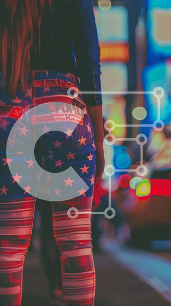 Intra Συλλεκτικό Ξύλινο Παζλ Plywood  4mm - Γυναίκα με παντελόνι με θέμα την αμερικανική σημαία στο City Street τη νύχτα Σε Ξύλινο Κουτί - Διαστάσεις Puzzle: 10x10 cm – 25 κομμάτια