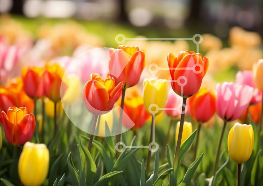 Intra Συλλεκτικό Ξύλινο Παζλ Plywood  4mm - Ζωντανό πεδίο με πολύχρωμες τουλίπες και λουλούδια Σε Ξύλινο Κουτί - Διαστάσεις: 10x10 cm – 25 κομμάτια