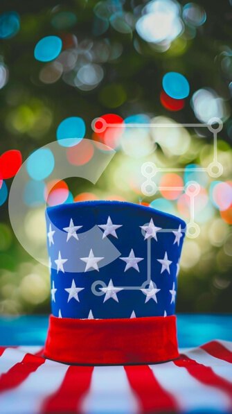 Intra Συλλεκτικό Ξύλινο Παζλ Plywood  4mm - Πατριωτικό καπέλο σε τραπεζομάντιλο αμερικανικής σημαίας Σε Ξύλινο Κουτί - Διαστάσεις Puzzle: 10x10 cm – 25 κομμάτια