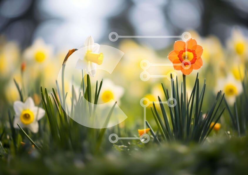 Intra Συλλεκτικό Ξύλινο Παζλ Plywood  4mm - Πεδίο με κίτρινους και πορτοκαλί νάρκισσους την άνοιξη Σε Ξύλινο Κουτί - Διαστάσεις: 10x10 cm – 25 κομμάτια