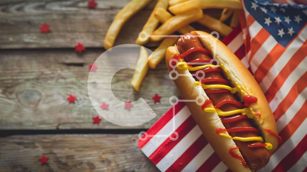 Σετ των 2 Intra Συλλεκτικό Ξύλινο Παζλ Plywood  4mm - Εορταστικό χοτ ντογκ με πατάτες σε χαρτοπετσέτα αμερικανικής σημαίας Σε Ξύλινο Κουτί - Διαστάσεις: 10x10 cm – 25 κομμάτια