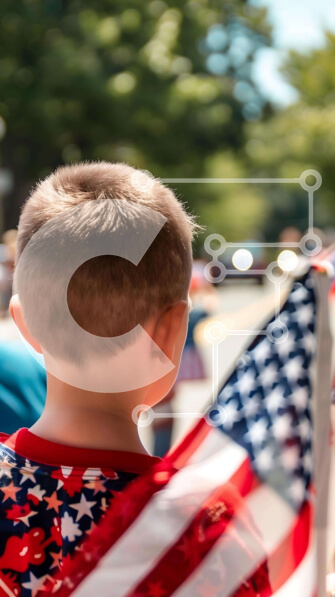 Intra Συλλεκτικό Ξύλινο Παζλ Plywood  4mm - Νεαρό αγόρι με αμερικανική σημαία στη σκηνή του δρόμου Σε Ξύλινο Κουτί - Διαστάσεις Puzzle: 10x10 cm – 25 κομμάτια