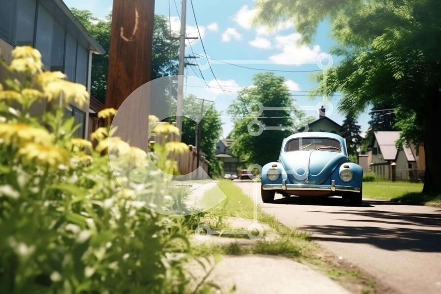 Intra Συλλεκτικό Ξύλινο Παζλ Plywood  4mm - Vintage μπλε σκαθάρι Volkswagen στην οδό της γειτονιάς Σε Ξύλινο Κουτί - Διαστάσεις Puzzle: 10x10 cm – 25 κομμάτια