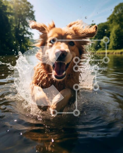 Σετ των 2 Intra Συλλεκτικό Ξύλινο Παζλ Plywood  4mm - Χαρούμενο χρυσό σκυλί που πιτσιλίζει στο νερό Σε Ξύλινο Κουτί - Διαστάσεις: 10x10 cm – 25 κομμάτια