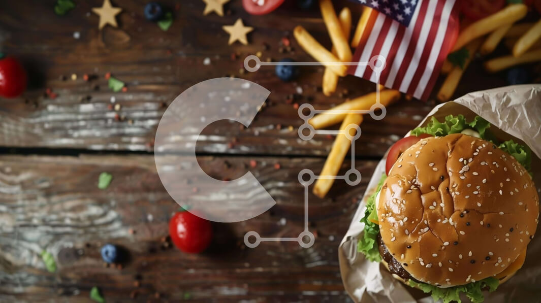 Σετ των 2 Intra Συλλεκτικό Ξύλινο Παζλ Plywood  4mm - Εορταστική σκηνή χάμπουργκερ και πατάτες με αμερικανική σημαία Σε Ξύλινο Κουτί - Διαστάσεις: 10x10 cm – 25 κομμάτια