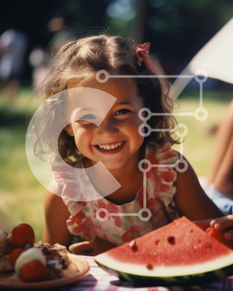 Intra Συλλεκτικό Ξύλινο Παζλ Plywood  4mm - Νεαρό κορίτσι που χαμογελά ενώ τρώει καρπούζι στο υπαίθριο τραπέζι πικνίκ Σε Ξύλινο Κουτί - Διαστάσεις Puzzle: 10x10 cm – 25 κομμάτια