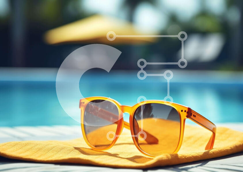 Intra Συλλεκτικό Ξύλινο Παζλ Plywood  4mm - Κίτρινη πετσέτα με γυαλιά ηλίου δίπλα στην πισίνα Σε Ξύλινο Κουτί - Διαστάσεις Puzzle: 10x10 cm – 25 κομμάτια