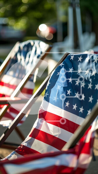 Intra Συλλεκτικό Ξύλινο Παζλ Plywood  4mm - Ξύλινες ξαπλώστρες με μοτίβο αμερικανικής σημαίας και άτομα που κάθονται Σε Ξύλινο Κουτί - Διαστάσεις Puzzle: 10x10 cm – 25 κομμάτια