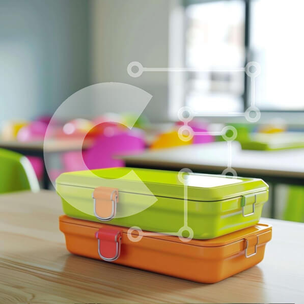 Intra Συλλεκτικό Ξύλινο Παζλ Plywood  4mm - Πολύχρωμα κουτιά μεσημεριανού γεύματος σε μια άδεια τάξη Σε Ξύλινο Κουτί - Διαστάσεις Puzzle: 10x10 cm – 25 κομμάτια