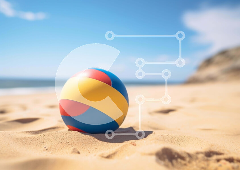 Intra Συλλεκτικό Ξύλινο Παζλ Plywood  4mm - Πολύχρωμη μπάλα παραλίας στην αμμώδη ακτή κοντά στον ωκεανό Σε Ξύλινο Κουτί - Διαστάσεις Puzzle: 10x10 cm – 25 κομμάτια