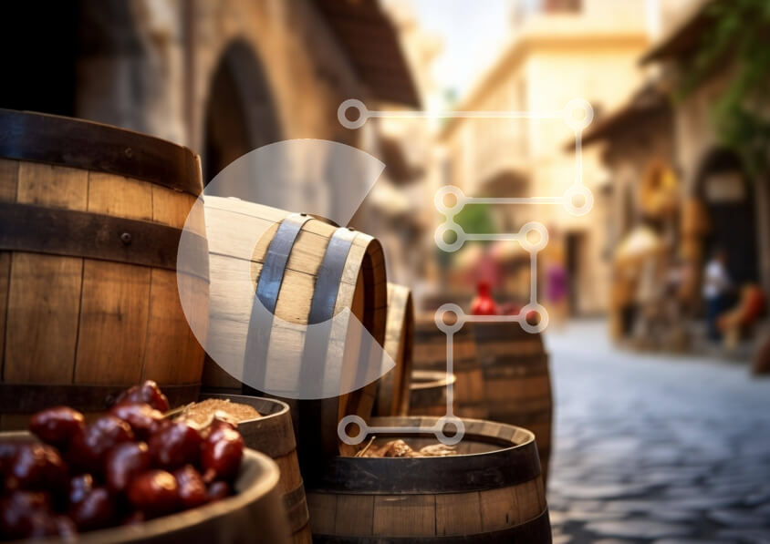 Intra Συλλεκτικό Ξύλινο Παζλ Plywood  4mm - Ξύλινα βαρέλια και φρέσκα σταφύλια σε έναν λιθόστρωτο δρόμο Σε Ξύλινο Κουτί - Διαστάσεις: 10x10 cm – 25 κομμάτια