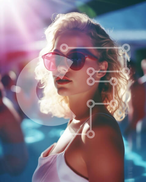 Intra Συλλεκτικό Ξύλινο Παζλ Plywood  4mm - Γυναίκα με ροζ γυαλιά ηλίου στο πάρτι στην πισίνα Σε Ξύλινο Κουτί - Διαστάσεις Puzzle: 10x10 cm – 25 κομμάτια