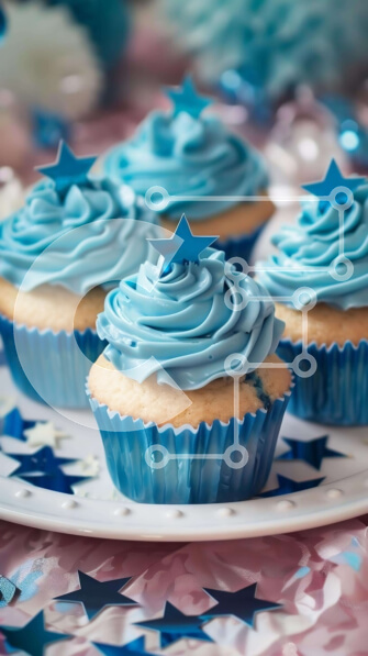 Intra Συλλεκτικό Ξύλινο Παζλ Plywood  4mm - Μπλε cupcakes σε λευκό πιάτο με αστέρια και κομφετί Σε Ξύλινο Κουτί - Διαστάσεις: 10x10 cm – 25 κομμάτια