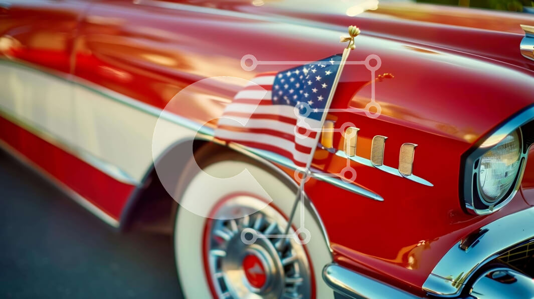 Intra Συλλεκτικό Ξύλινο Παζλ Plywood  4mm - Vintage κόκκινο και λευκό αυτοκίνητο με αμερικανική σημαία Σε Ξύλινο Κουτί - Διαστάσεις Puzzle: 10x10 cm – 25 κομμάτια