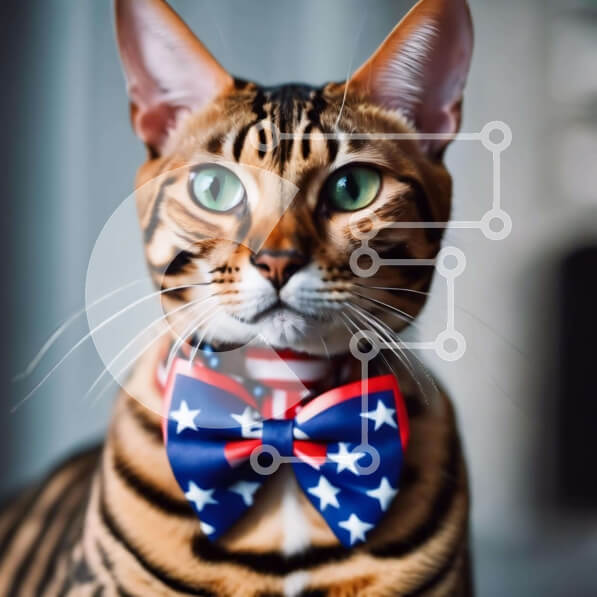 Intra Συλλεκτικό Ξύλινο Παζλ Plywood  4mm - Γάτα της Βεγγάλης με παπιγιόν αμερικανικής σημαίας Σε Ξύλινο Κουτί - Διαστάσεις: 10x10 cm – 25 κομμάτια