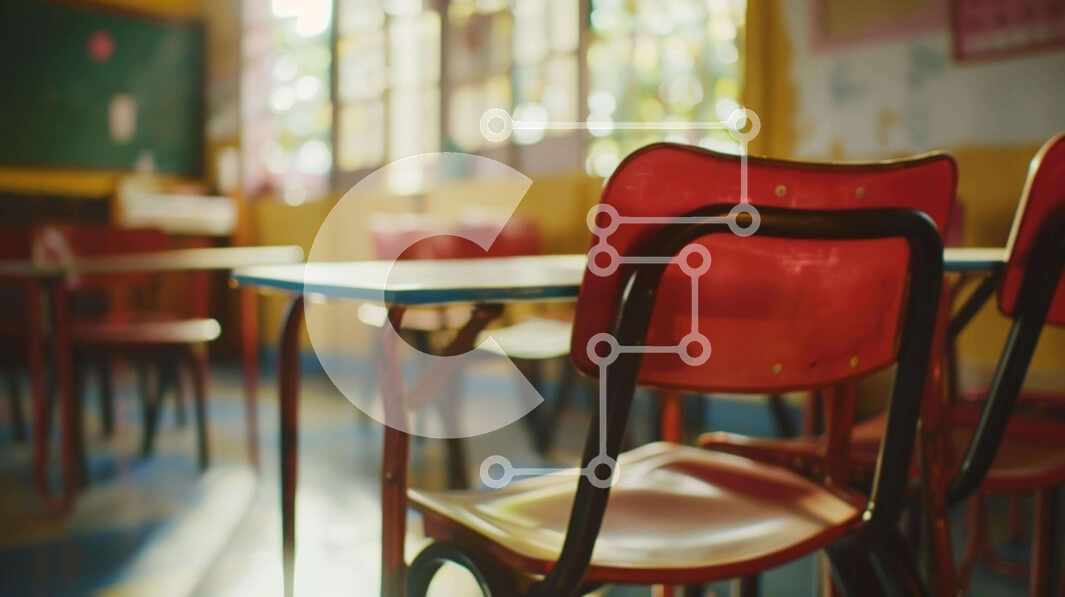 Intra Συλλεκτικό Ξύλινο Παζλ Plywood  4mm - Τάξη με κόκκινες καρέκλες και θρανία Σε Ξύλινο Κουτί - Διαστάσεις Puzzle: 10x10 cm – 25 κομμάτια