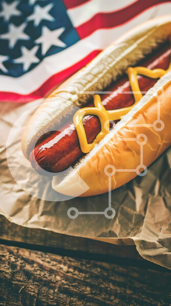 Intra Συλλεκτικό Ξύλινο Παζλ Plywood  4mm - Κουλούρι χοτ ντογκ με μουστάρδα και κέτσαπ, φόντο αμερικανικής σημαίας Σε Ξύλινο Κουτί - Διαστάσεις: 10x10 cm – 25 κομμάτια